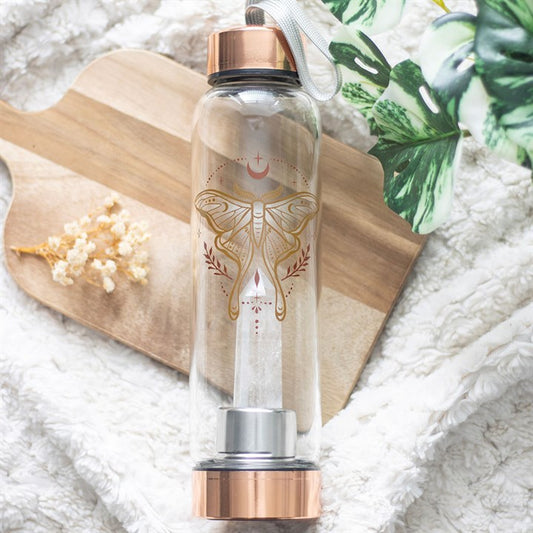 Luna Moth Glass Water Bottle with Clear Quartz Crystal – Infused Crystal Elixir Bottle