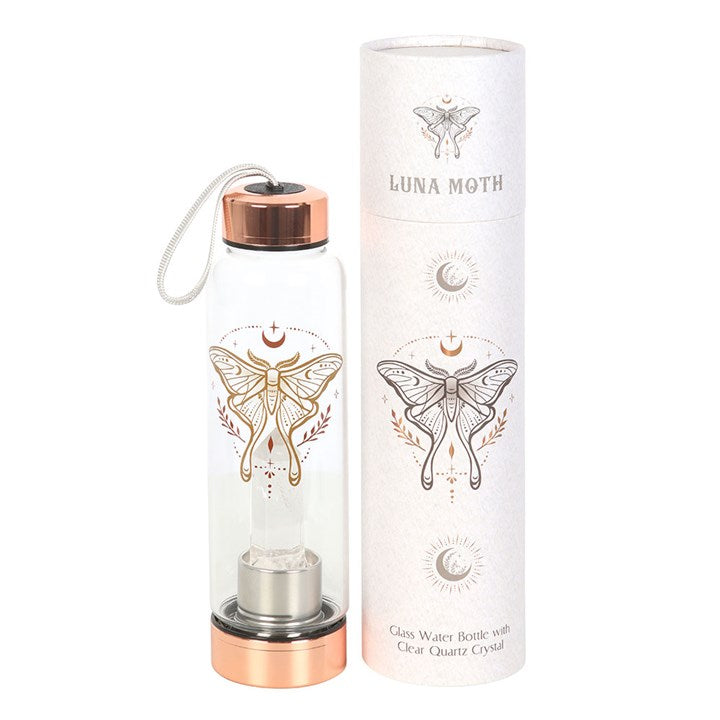 Luna Moth Glass Water Bottle with Clear Quartz Crystal – Infused Crystal Elixir Bottle