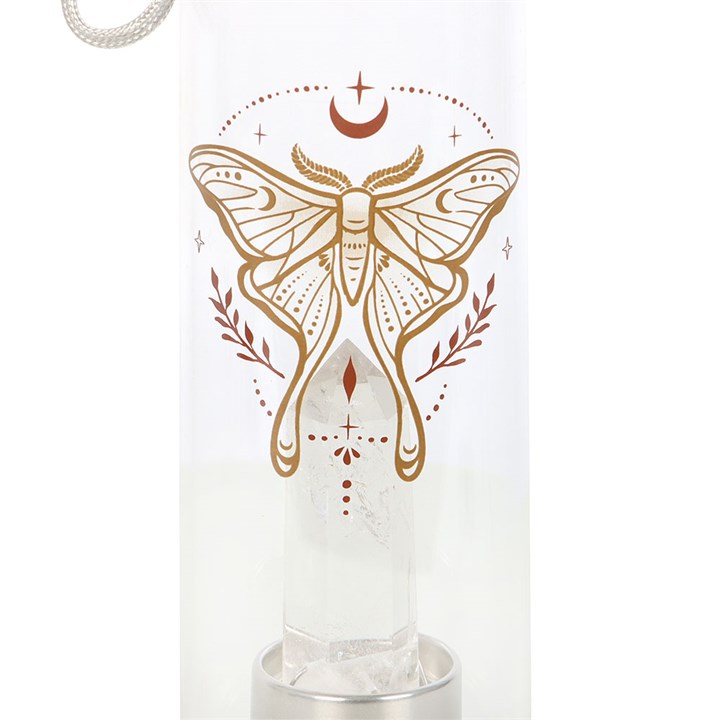 Luna Moth Glass Water Bottle with Clear Quartz Crystal – Infused Crystal Elixir Bottle