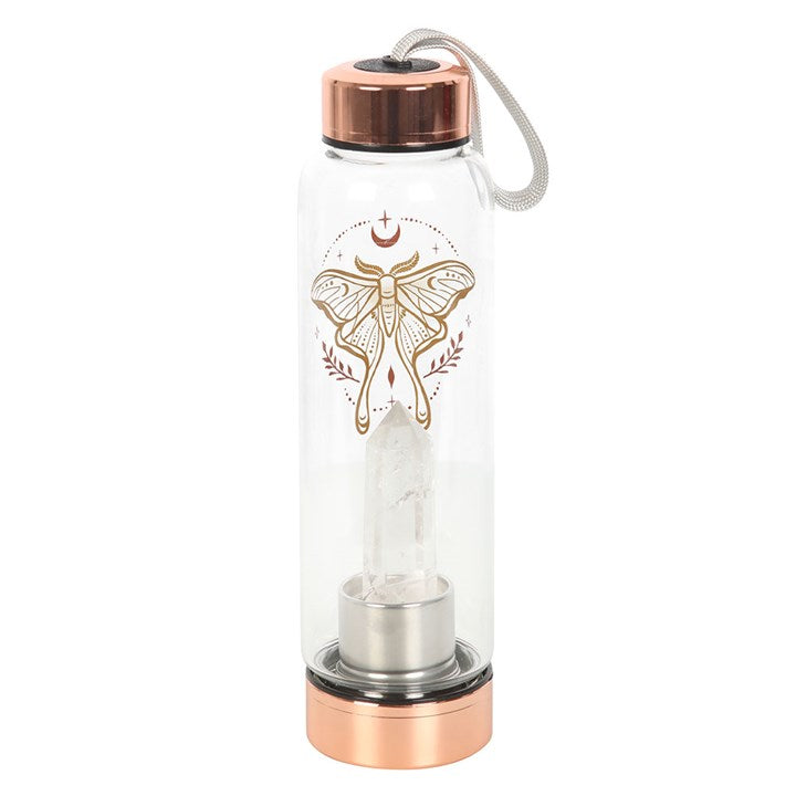 Luna Moth Glass Water Bottle with Clear Quartz Crystal – Infused Crystal Elixir Bottle