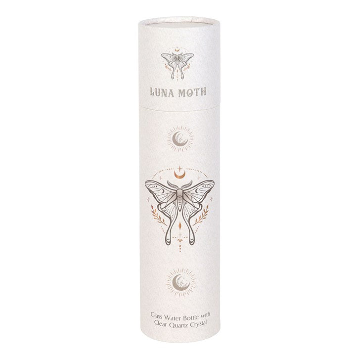 Luna Moth Glass Water Bottle with Clear Quartz Crystal – Infused Crystal Elixir Bottle